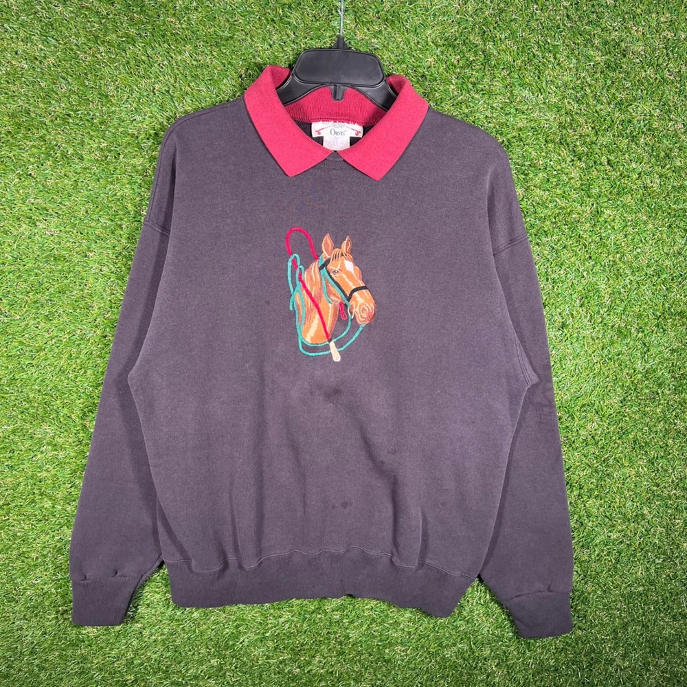 Vintage Orvis Equestrian Horse Sweatshirt Mens Large Gray Red Collar USA